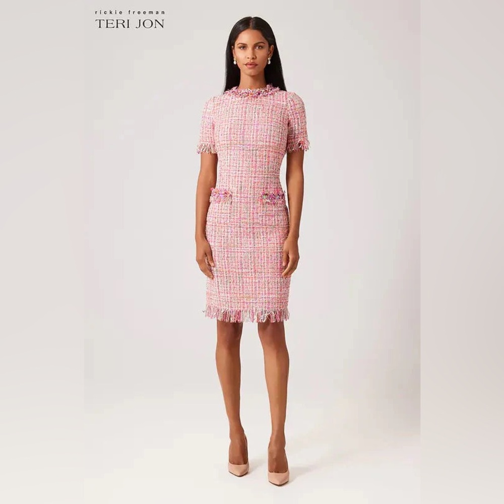 Teri Jon Fringe Trim Beaded Sheeth Tweed Mini Dress